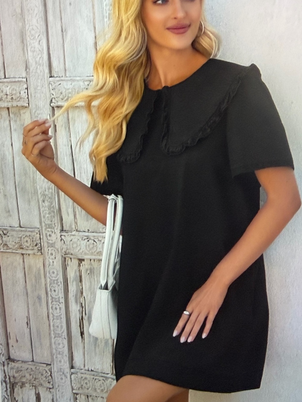 Black Denim Ruffle Collar Mini Dress- NWT - Size S